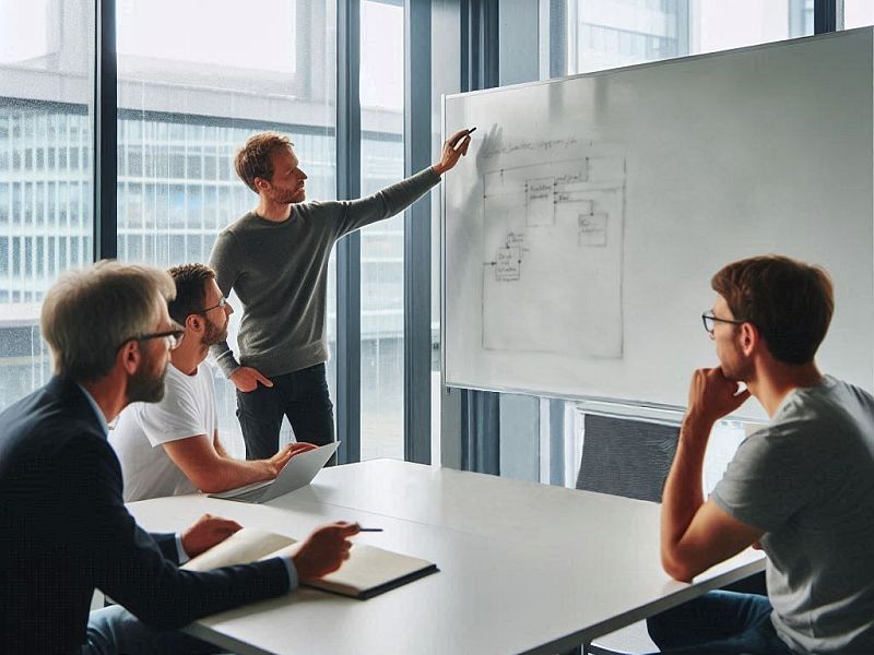 Projekt-Team arbeitet mit Skizzen am Whiteboard. Das Bild symbolisiert, wie sich durch die Anwendung einer Modellierungs-Sprache schnelle Ergebnisse erzielt lassen.