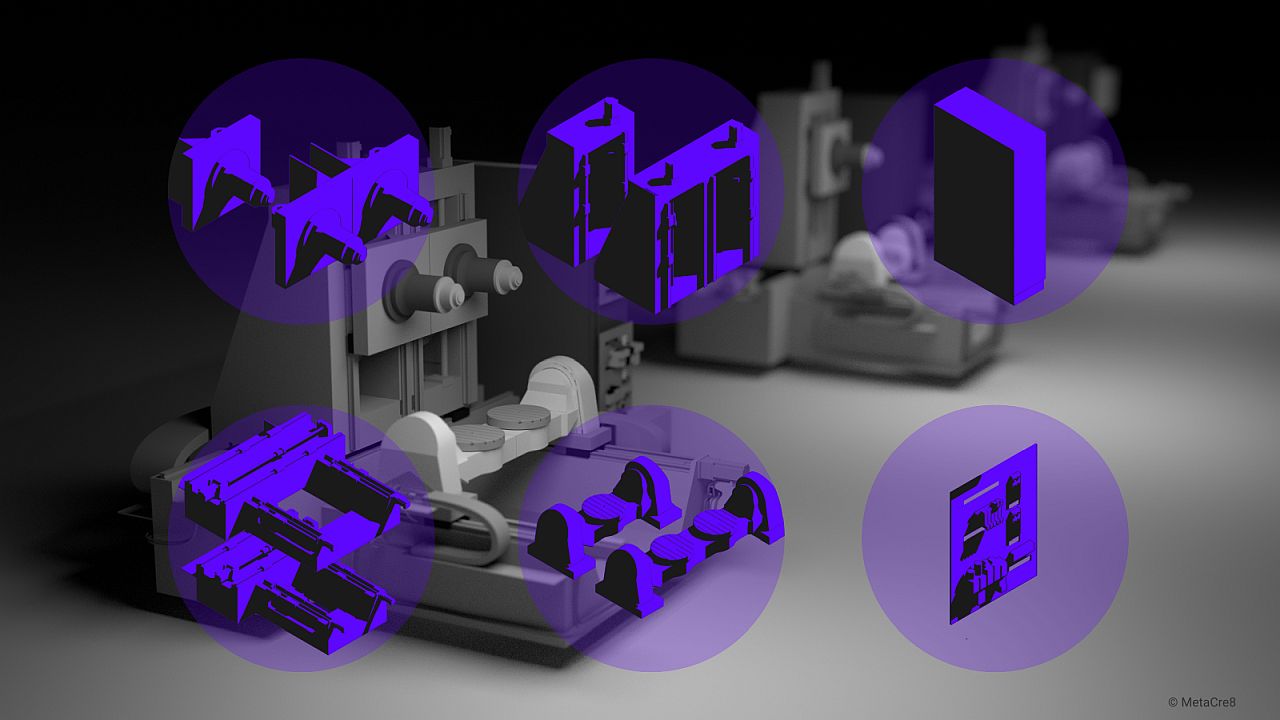 Drei nebeneinanderstehende, modulare Maschinen einer Produktfamilie, die aus den gleichen konfigurierbaren Modulen bestehen. Durch unterschiedliche Konfiguration der Module wurden jeweils unterschiedliche Maschinenausprägungen erzeugt.